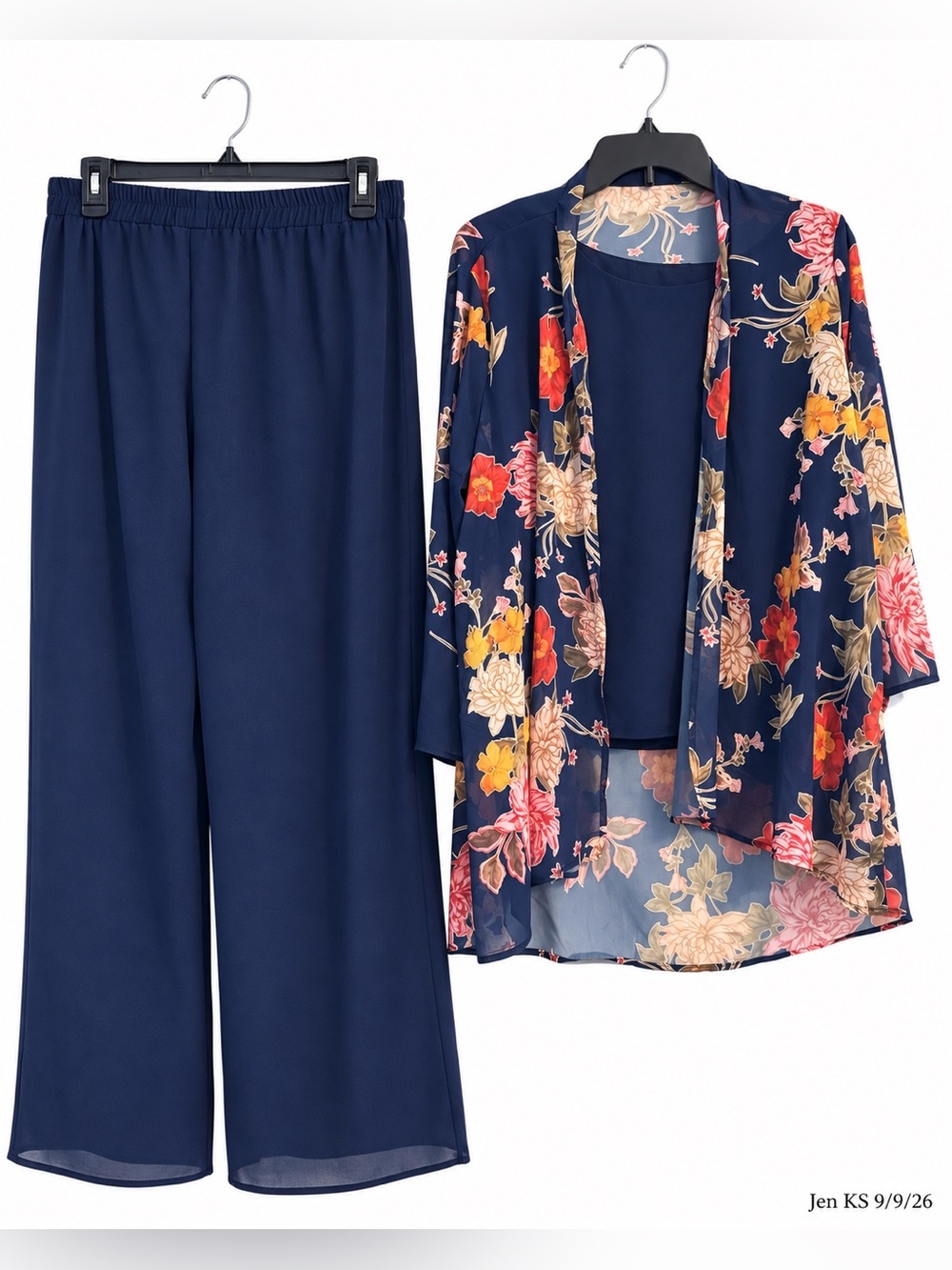 3 Piece Chiffon Pant Set Women’s XXL Navy Floral Kimono Wide Leg NWOT